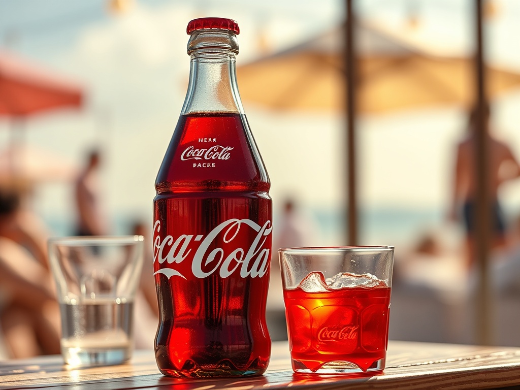 Стеклянная бутылка Coca-Cola и стакан с напитком на фоне пляжного отдыха.