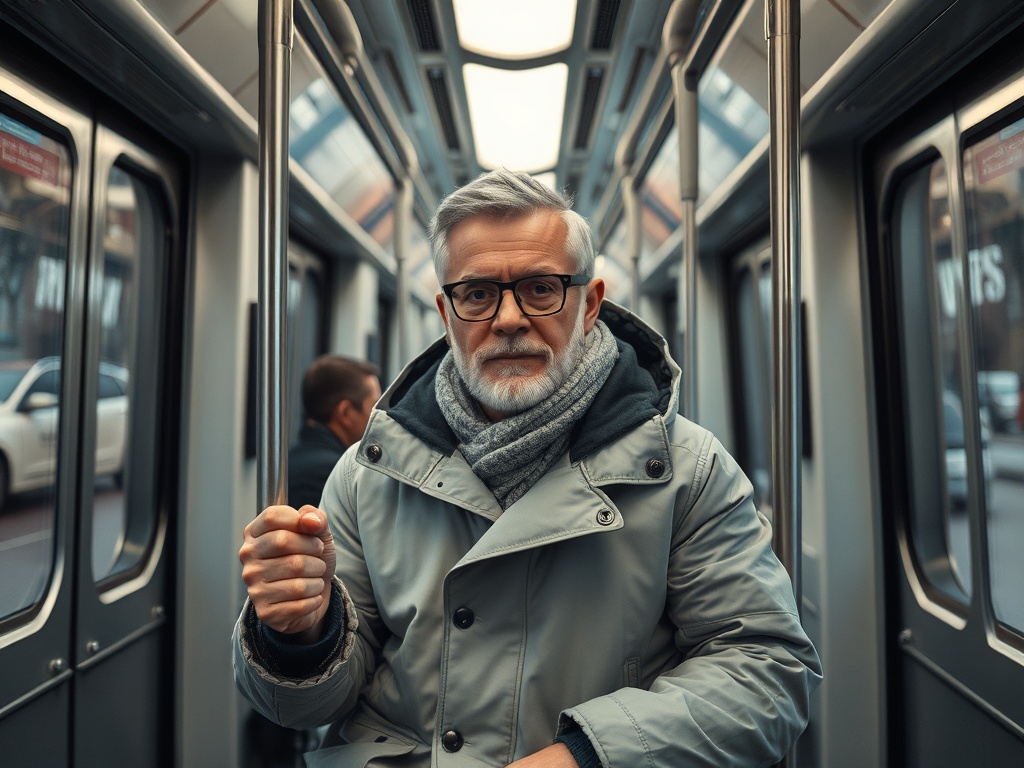 Пожилой мужчина в светлом пальто и шарфе сидит в вагоне метро, держится за поручень. Вокруг мало людей.