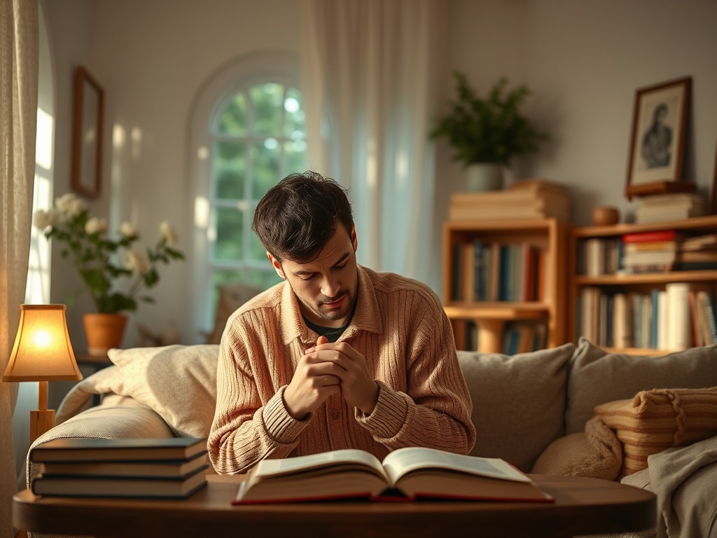 Молодой человек читает книгу в уютной комнате, погружённый в мысли. Светлое и спокойное обстановка.