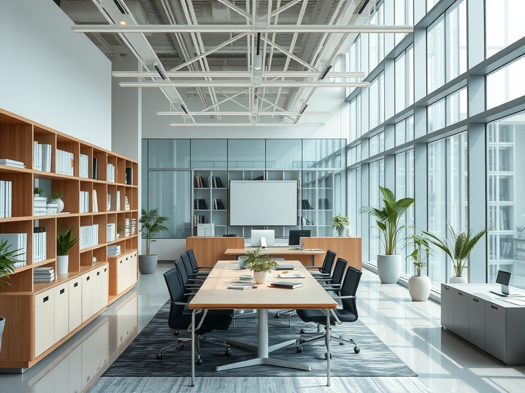 Современный офис с большим столом, стульями, библиотекой и зелеными растениями, обильно освещенный.