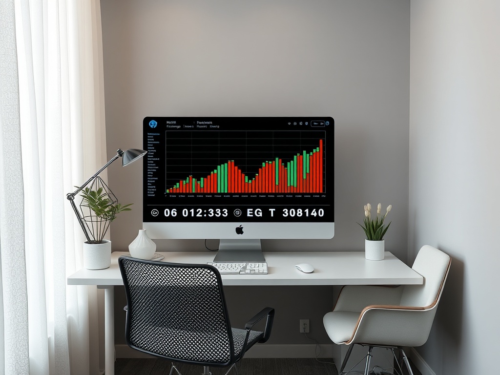 Современный офис с компьютером, показывающим график, и стильной мебелью, оформленный в светлых тонах.