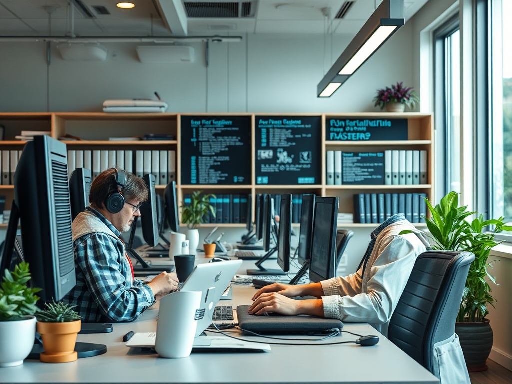 Два человека работают за компьютерами в офисе, окруженные растениями и документами. Одна голова отсутствует.