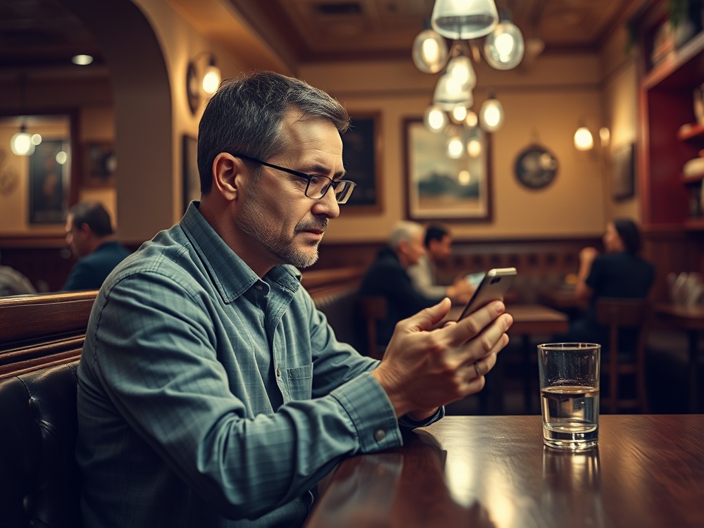 Мужчина в клетчатой рубашке смотрит на телефон в кафе, рядом стоит стакан с водой.