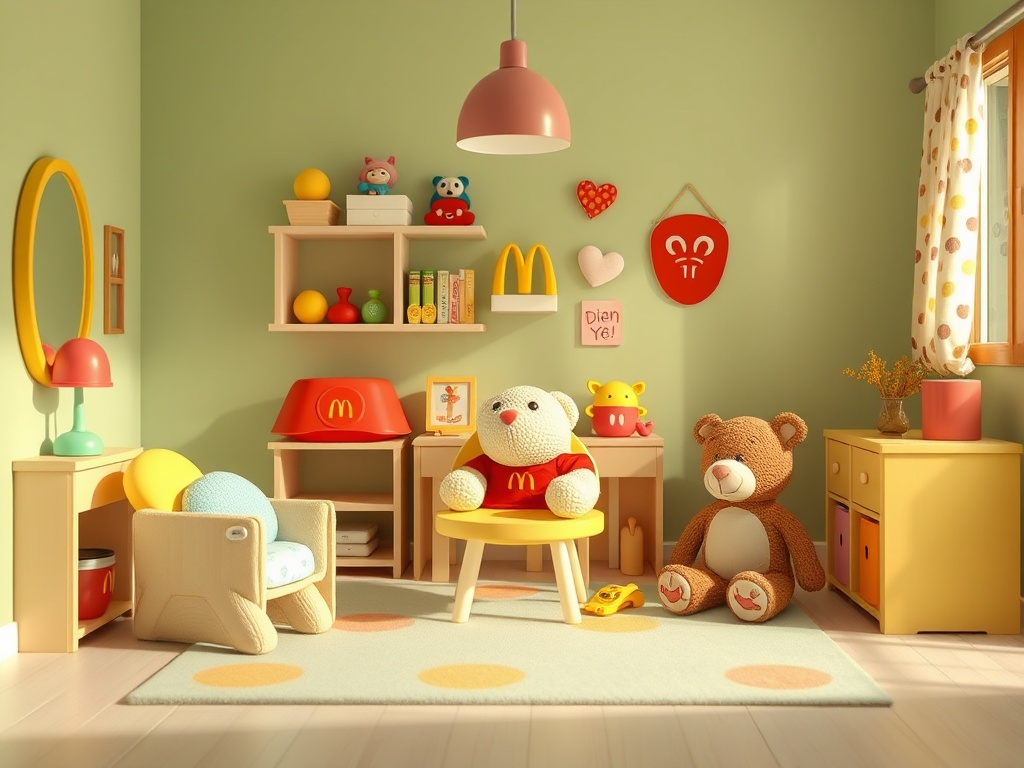 Яркая детская комната с игрушками, стульями и полками, оформленная в светлых пастельных тонах.