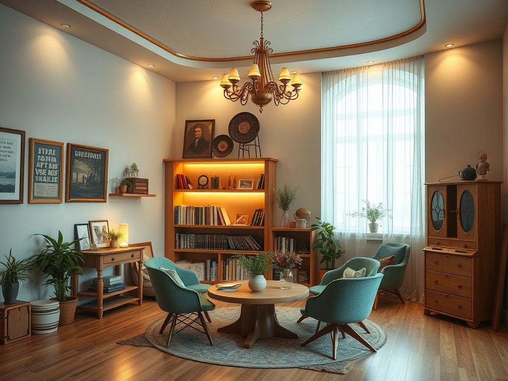 Уютная гостиная с книжными полками, мягкими креслами и большим окном, залитым естественным светом.
