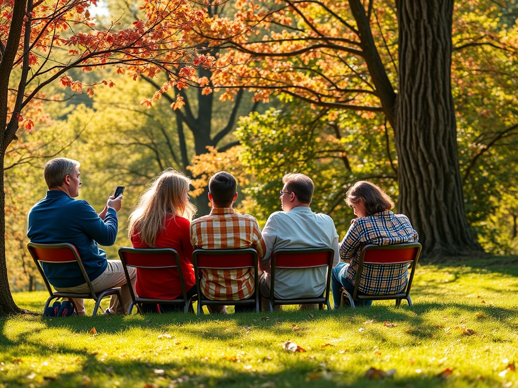 Группа людей сидит на стульях в парке, наслаждаясь осенним днем и общением друг с другом.