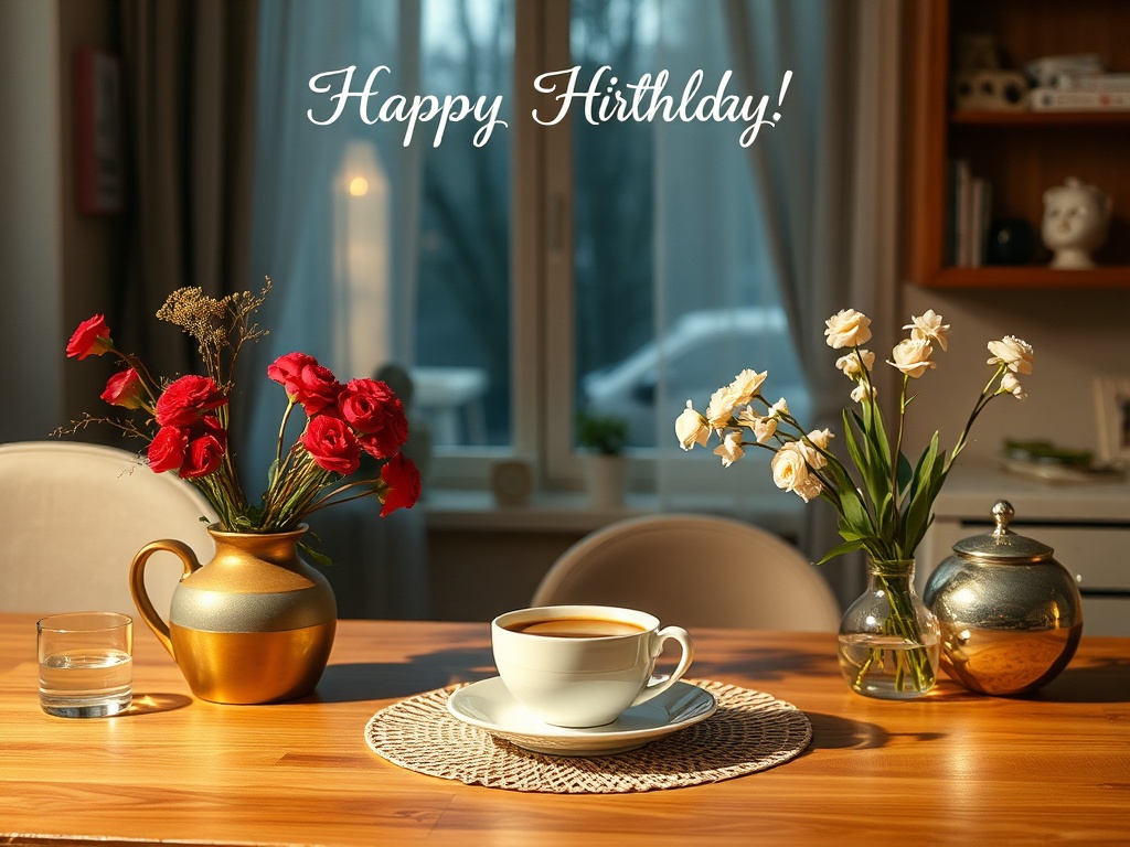 Счастливого дня рождения! Кофе и цветы на деревянном столе в уютной обстановке.