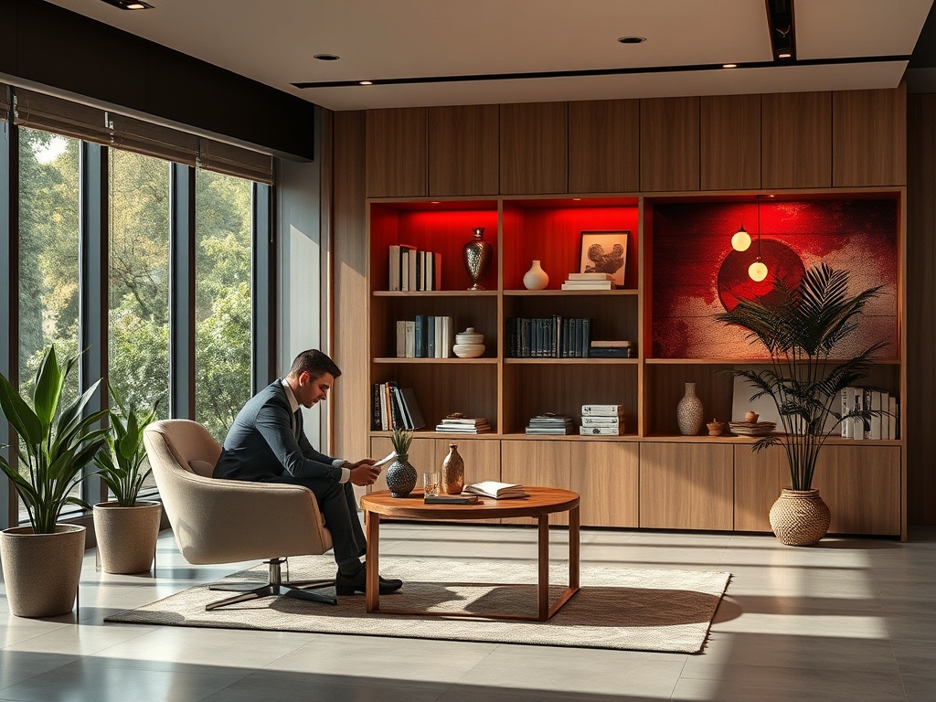 Деловой мужчина в костюме сидит в стильном офисе, окружённом книгами и растениями. Яркое освещение создает уют.