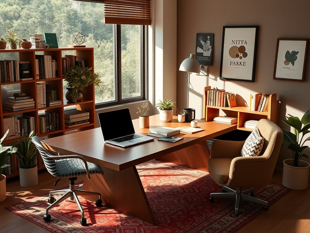 Современный офис с письменным столом, стульями и книжной полкой, освещённый естественным светом.