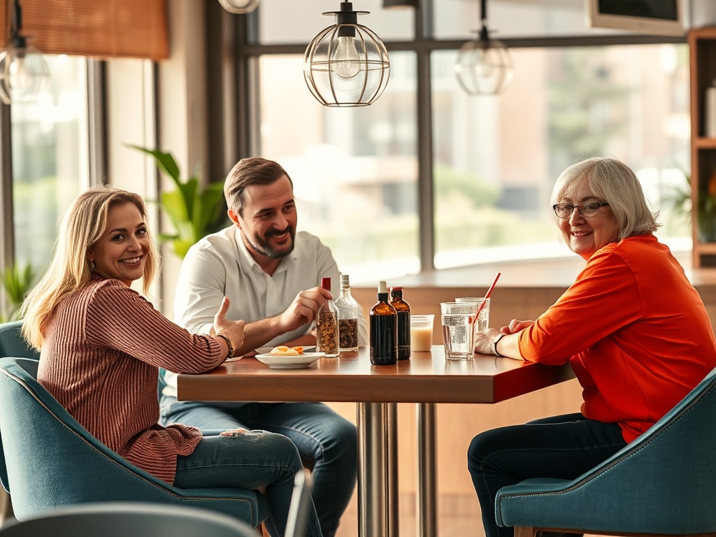 Трое людей улыбаются за столом в кафе, наслаждаясь напитками и закусками в уютной обстановке.