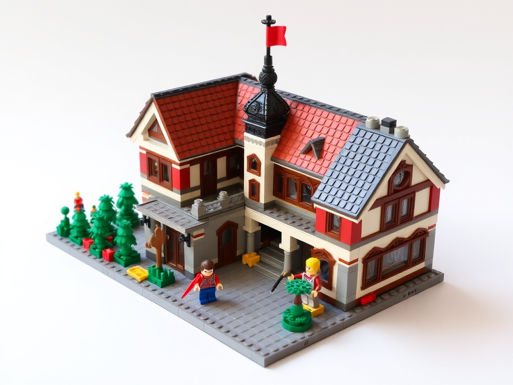 Модель дома из конструктора с минифигурами и деревьями вокруг. Над крышей флаг.