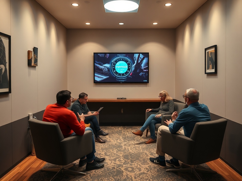 Четыре человека обсуждают что-то на встрече в уютном конференц-зале с экраном.