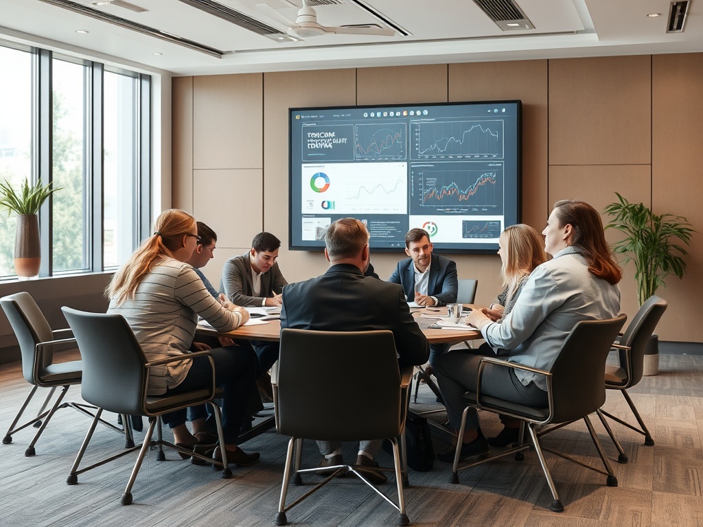 Группа людей обсуждает идеи на встрече в современном офисе с графиками на экране.