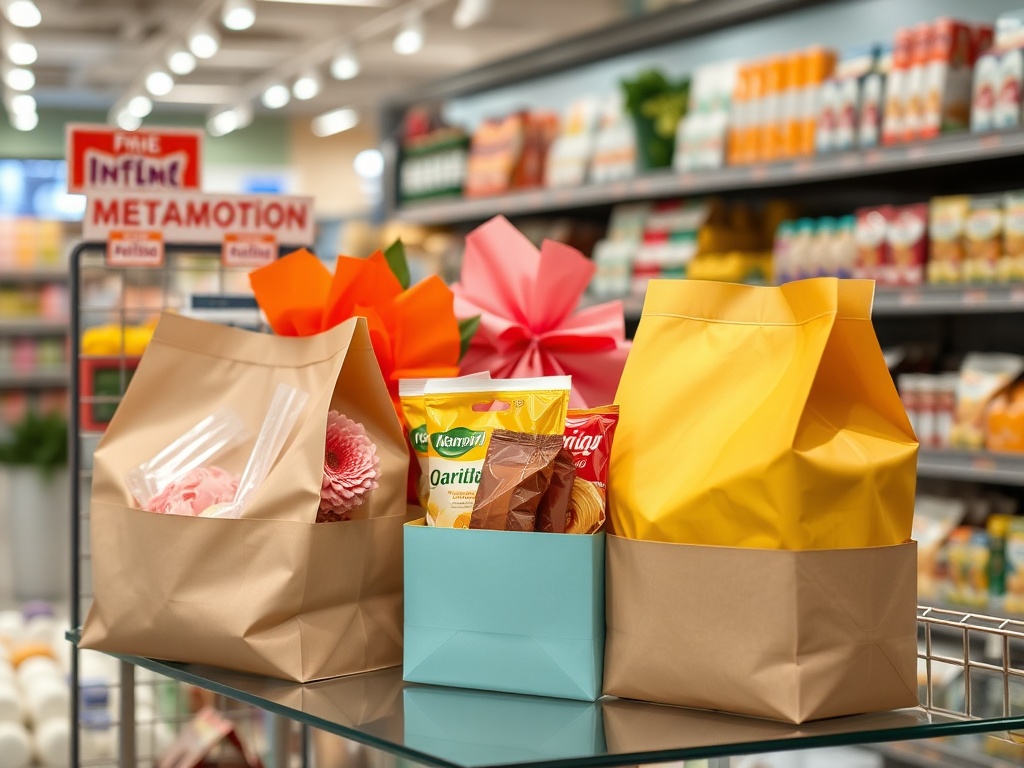 Три подарочные упаковки разных цветов на полке магазина с товаром на заднем плане.