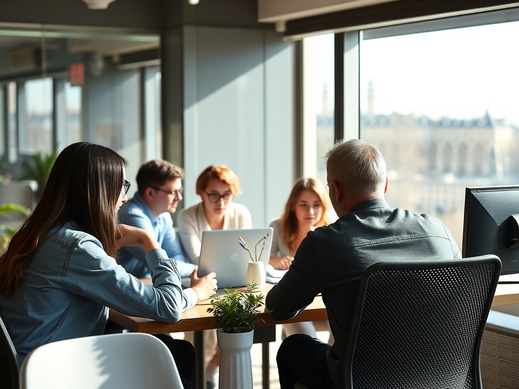 Группа людей за столом в офисе обсуждает проект и работает на одном ноутбуке. Солнечный день.