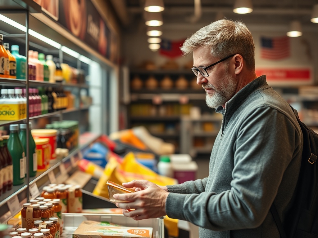 Пожилой мужчина в очках выбирает товары в магазине на фоне полок с напитками и продуктами.