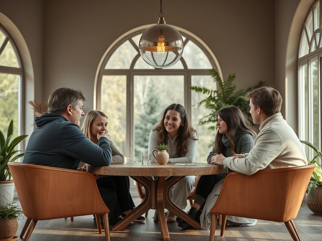 Группа людей общается за столом в светлом помещении с растениями и большим окном. Атмосфера теплая и дружеская.