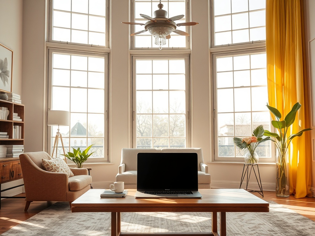 Светлая комната с большими окнами, столом, ноутбуком и растениями. Уютная обстановка для работы или отдыха.