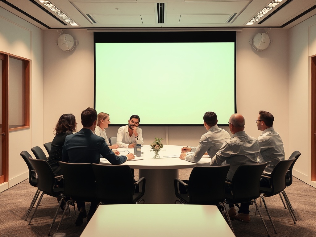 Семинар в конференц-зале: участники обсуждают идеи за круглым столом с пустым экраном.