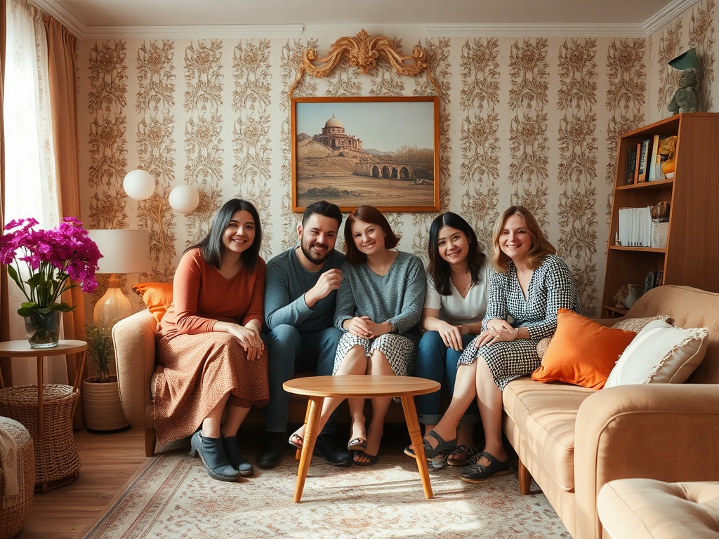 В уютной гостиной пятеро друзей с улыбками сидят на диване и позируют для фотографии. Цветы и картина на стене.