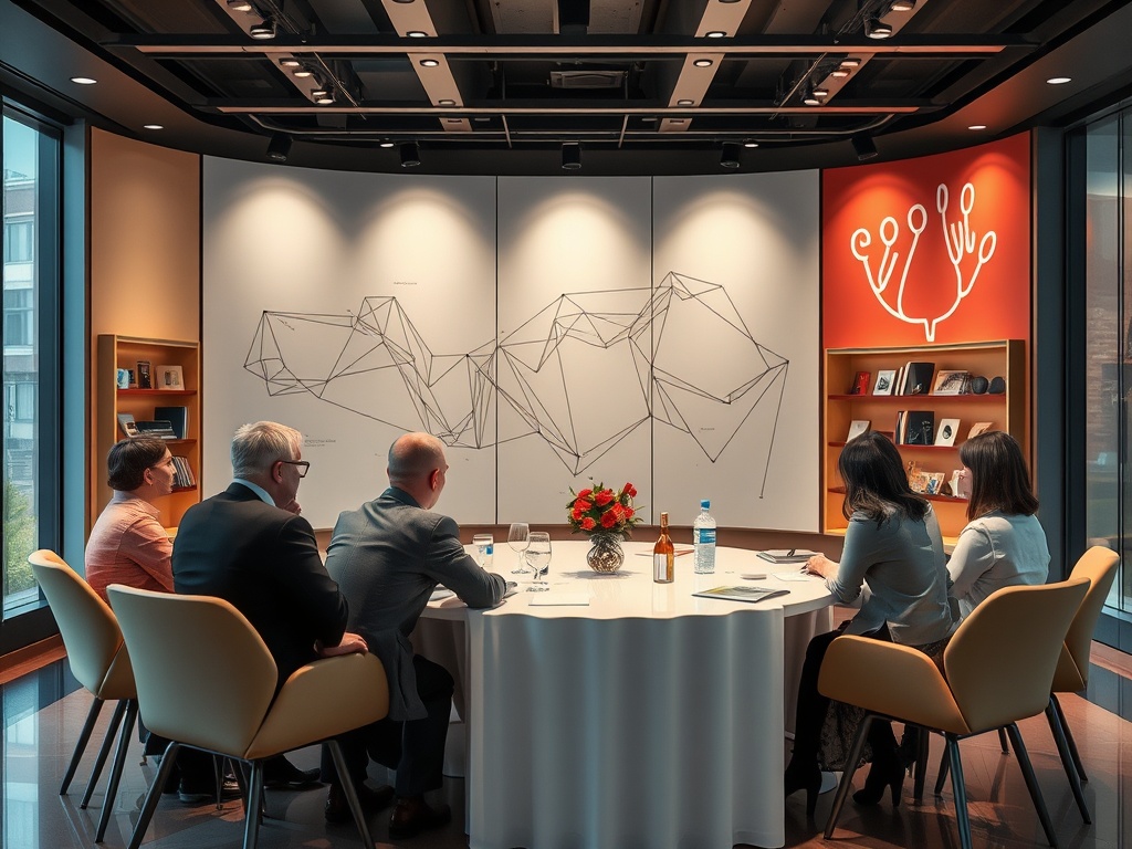 На встрече за круглым столом сидят пять человек, обсуждая идеи в современном офисе с графикой на стене.