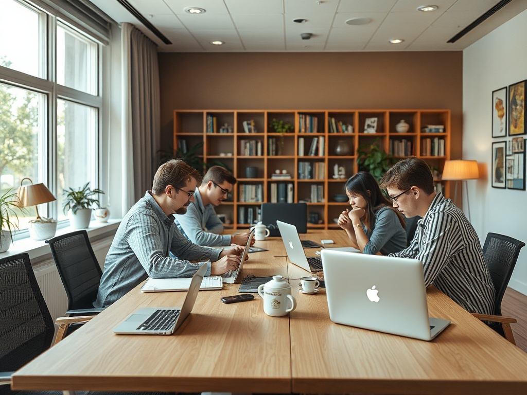 Четыре человека работают за столом в офисе, окружённом книгами и светом. На столах стоят ноутбуки и чашки.