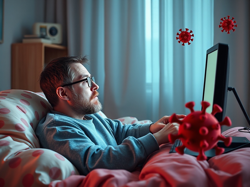 Человек сидит на диване с компьютером, вокруг летают вирусы, создавая атмосферу тревоги.