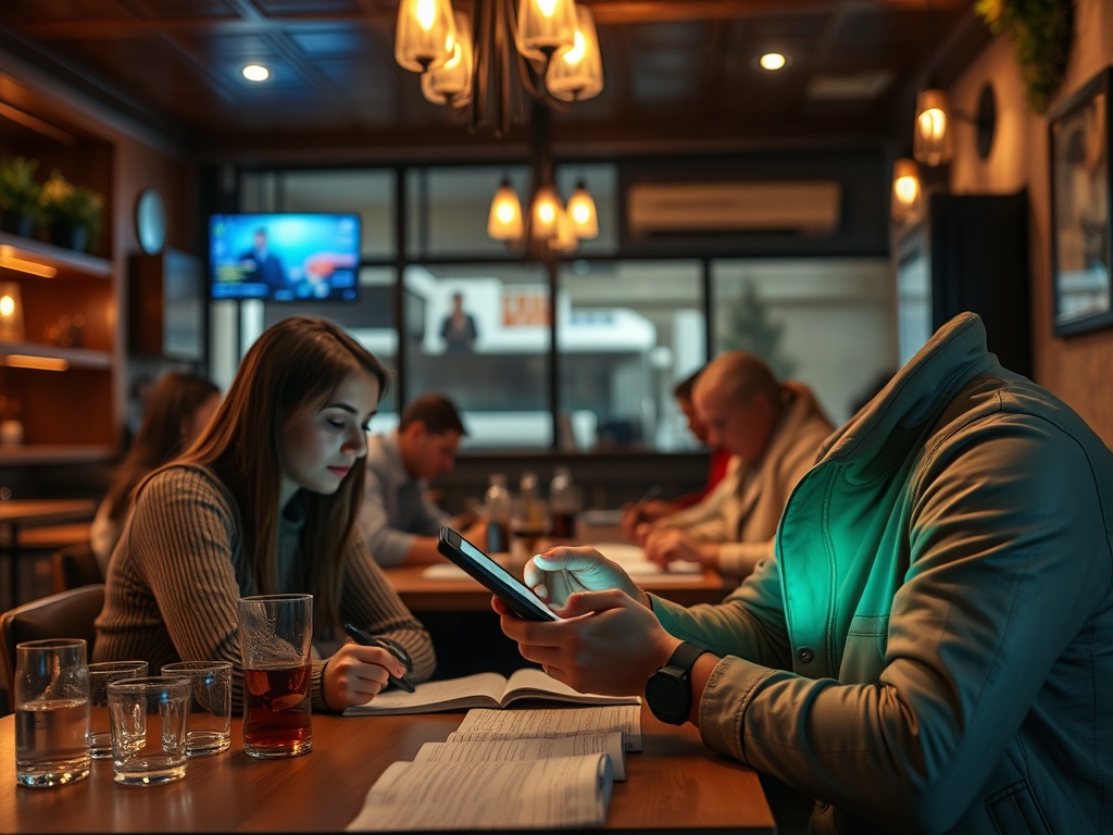 В кафе вечер, люди за столами, один человек без головы смотрит в телефон, другие занимаются своими делами.