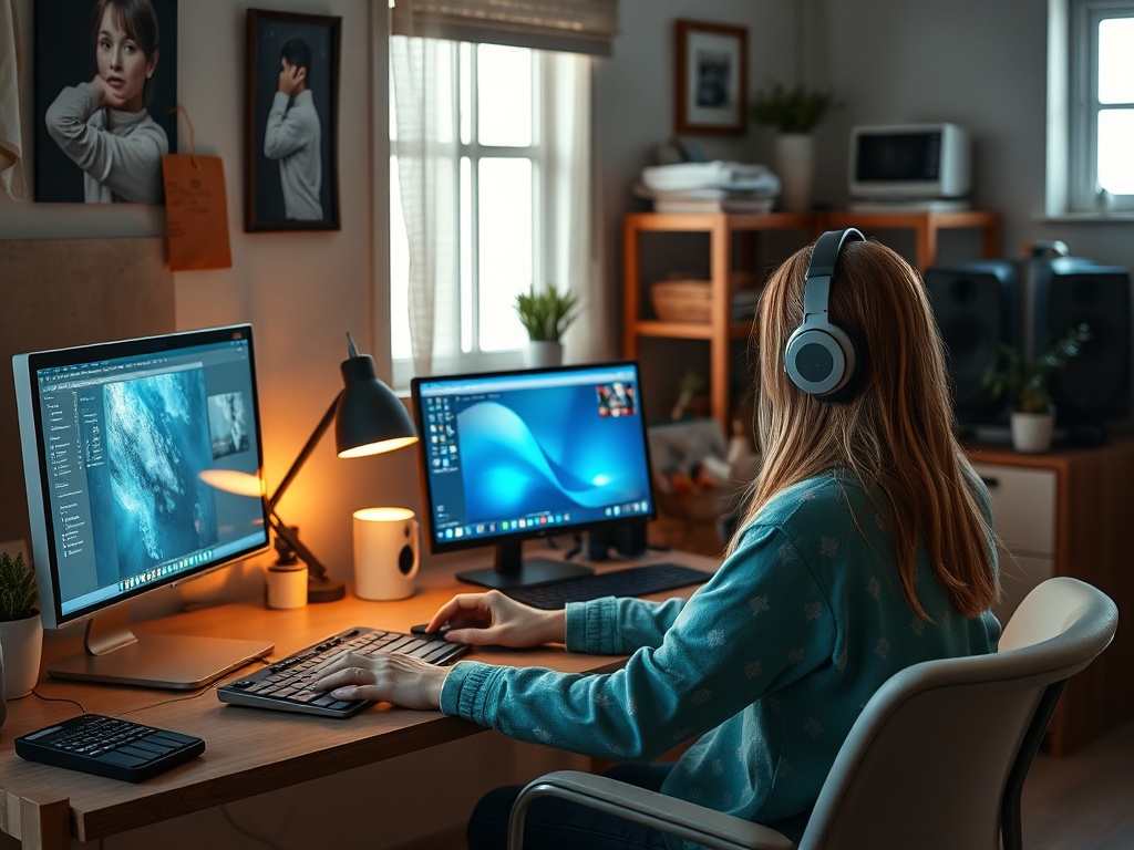 Молодая женщина в наушниках работает за компьютером в уютном офисе с растениями и фотографиями на стенах.
