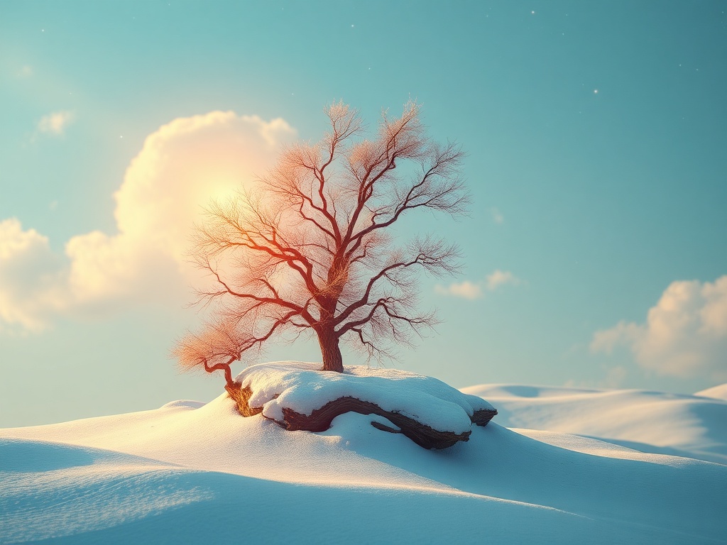 Одиноко стоящее дерево на снежном холме под голубым небом и солнечными облаками.