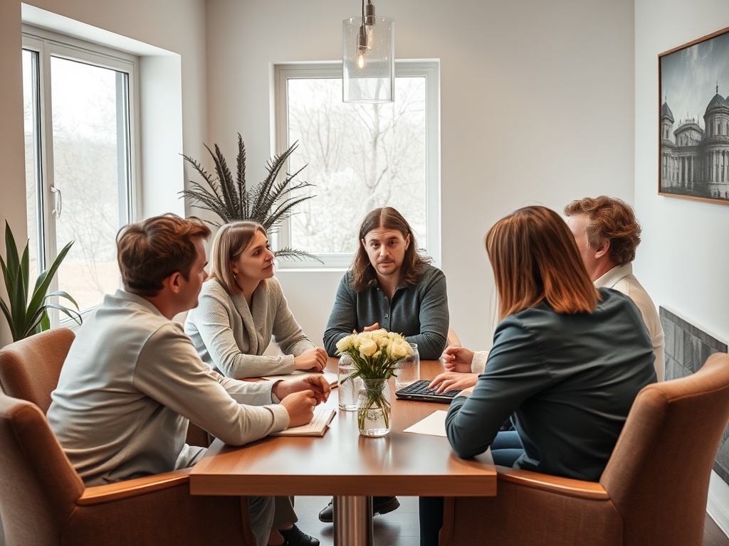 Группа из пяти человек обсуждает идеи за столом, вокруг стоят растения и светлые окна.