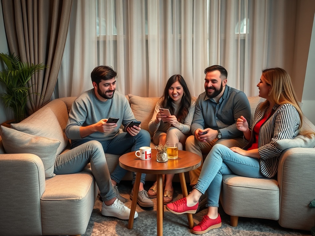 Четыре человека сидят на диване, используя телефоны и смеясь, рядом столик с напитками.