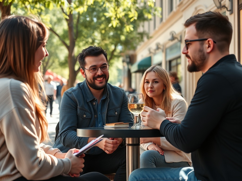 Четыре человека разговаривают за столиком на улице, наслаждаясь компанией и напитками в солнечный день.