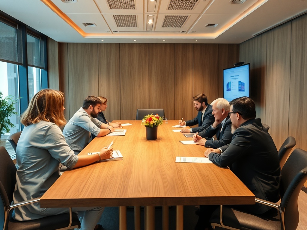 Группа людей в деловой одежде обсуждает вопросы на заседании в современном офисе.