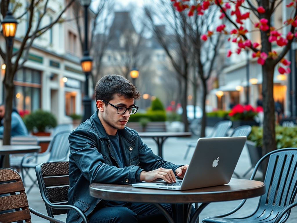 Молодой человек работает за ноутбуком на улице в кафе, рядом с цветущими деревьями и уютными стульями.