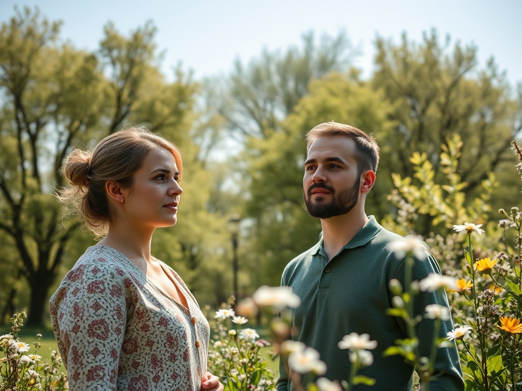 На фоне цветущих растений молодая пара стоит, смотря друг на друга в солнечный день.