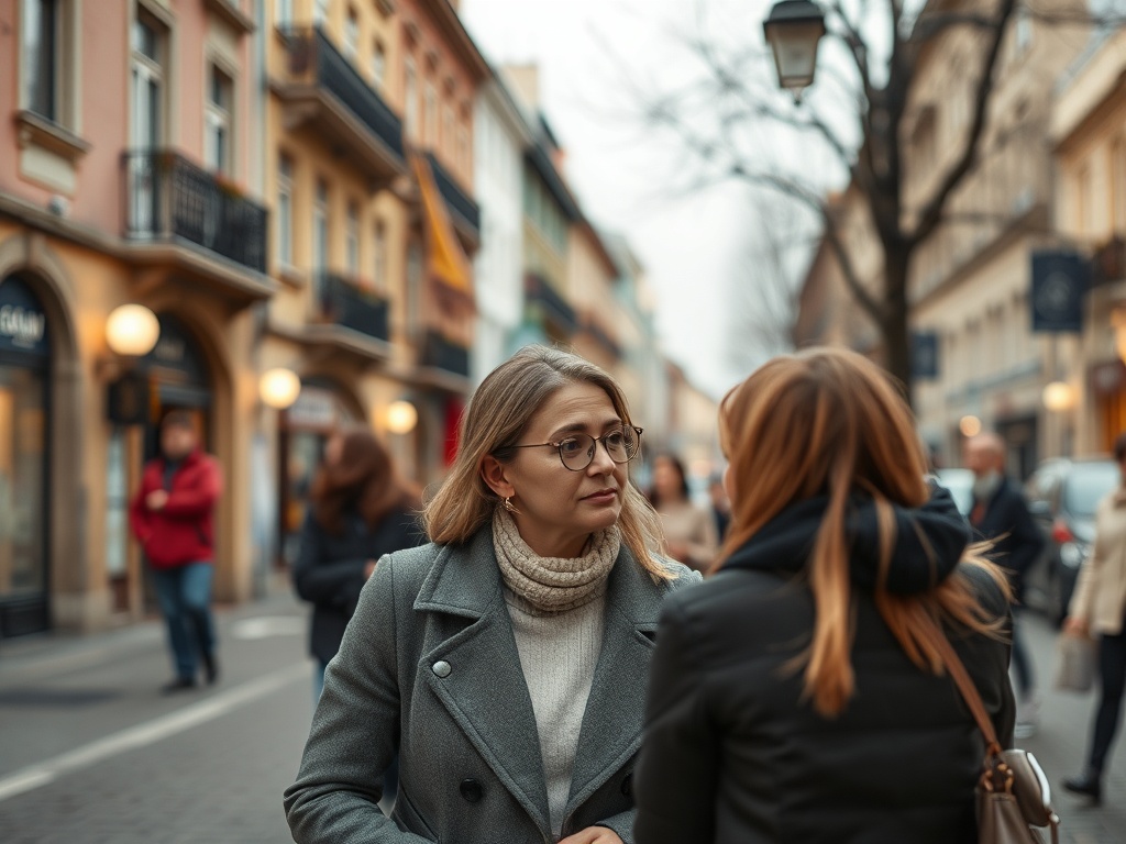 Две девушки разговаривают на оживленной улице, вокруг людей и магазинов, холодная погода.