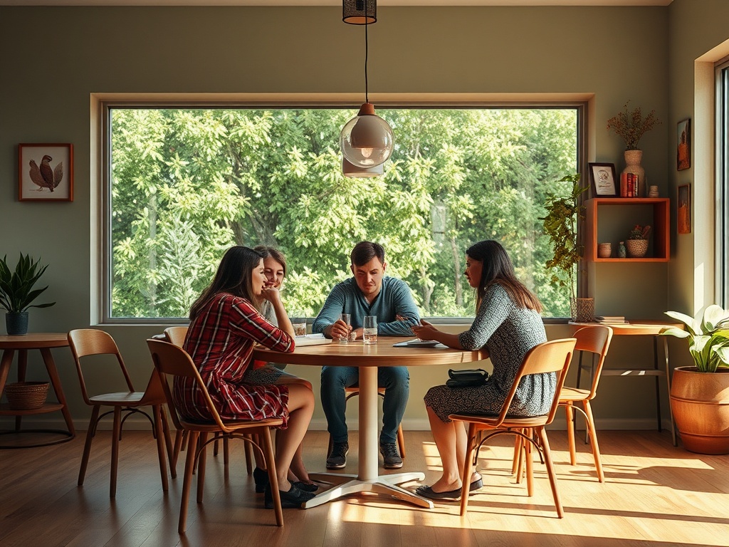 Четыре человека сидят за круглым столом в уютном интерьере, общаясь и обсуждая что-то важное.