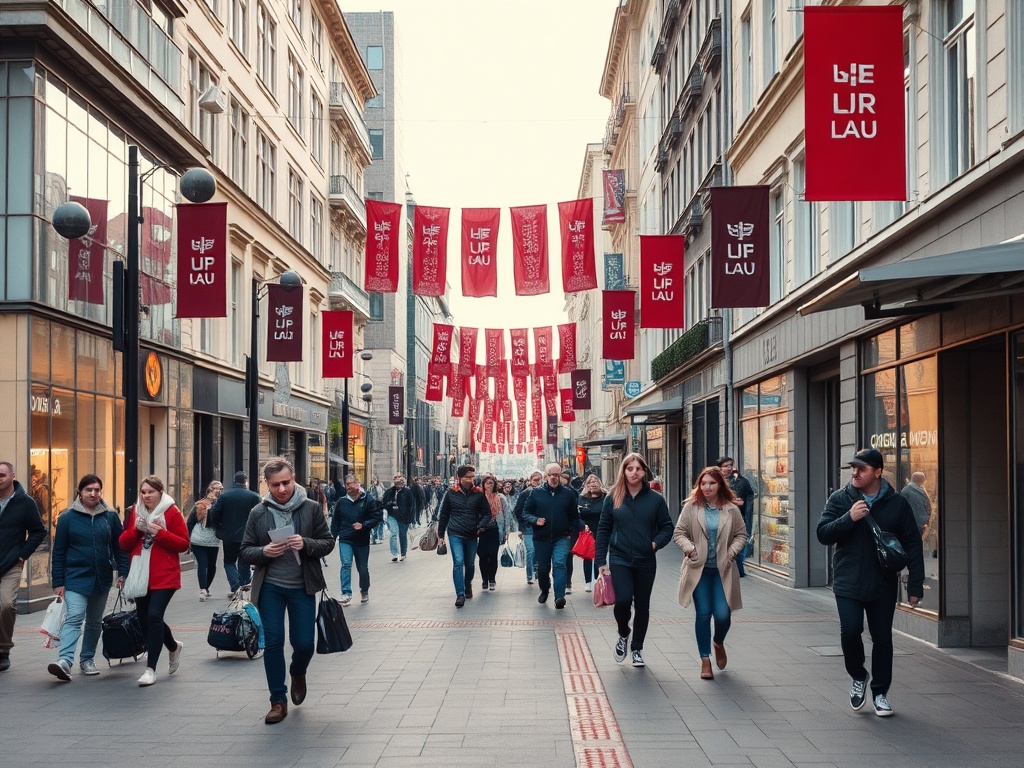 Улица с много людей, украшенная флагами и витринами магазинов, яркое вечернее освещение.