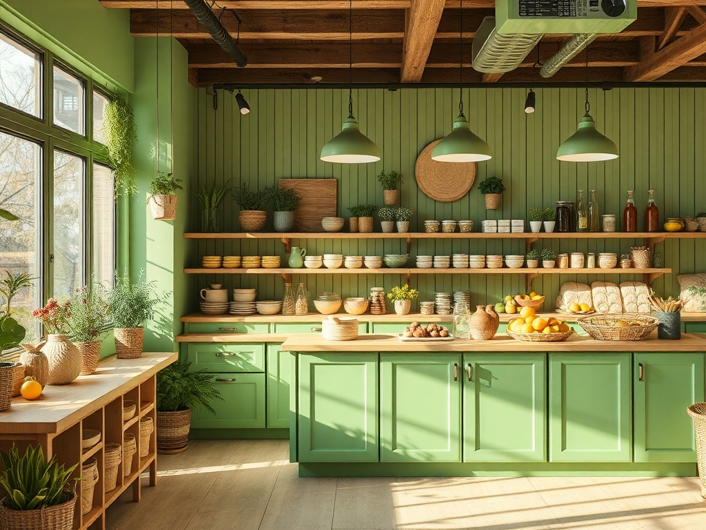Современная кухня с зелеными стенами, полками, фруктами и растениями, наполняющими пространство светом и уютом.