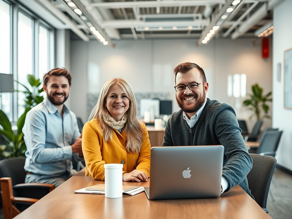 Группа из трех человек в офисе, сидят за столом, улыбаются, на столе ноутбук и чашка.
