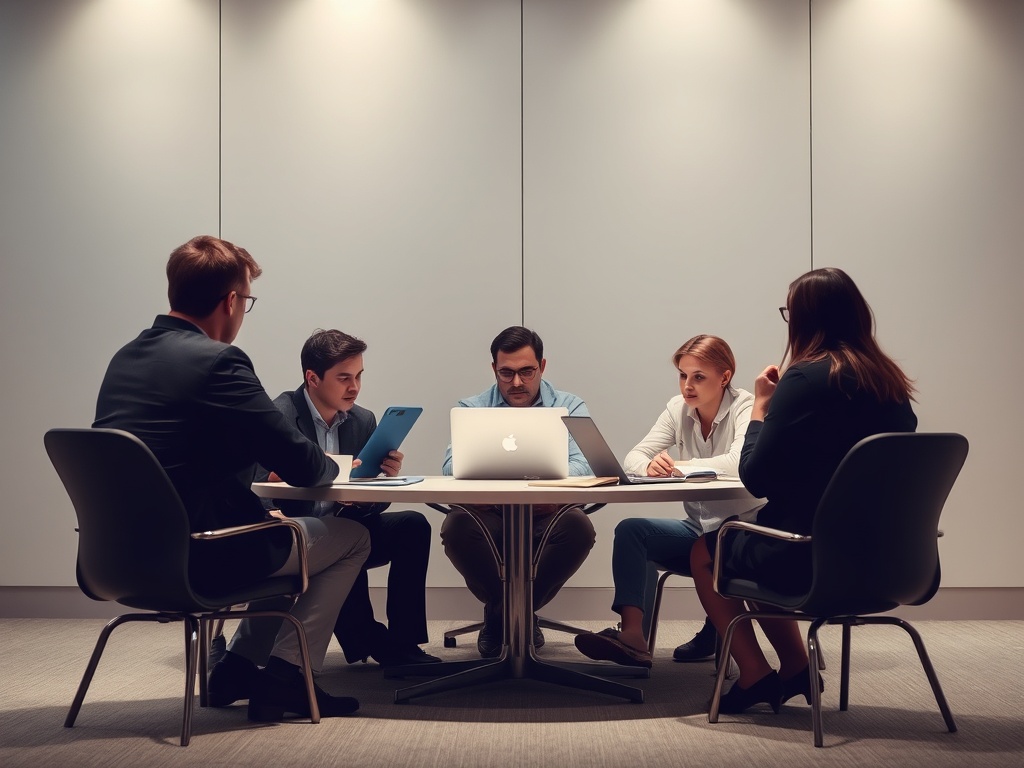 Группа людей обсуждает идеи за столом в современном офисе с ноутбуком и планшетом.