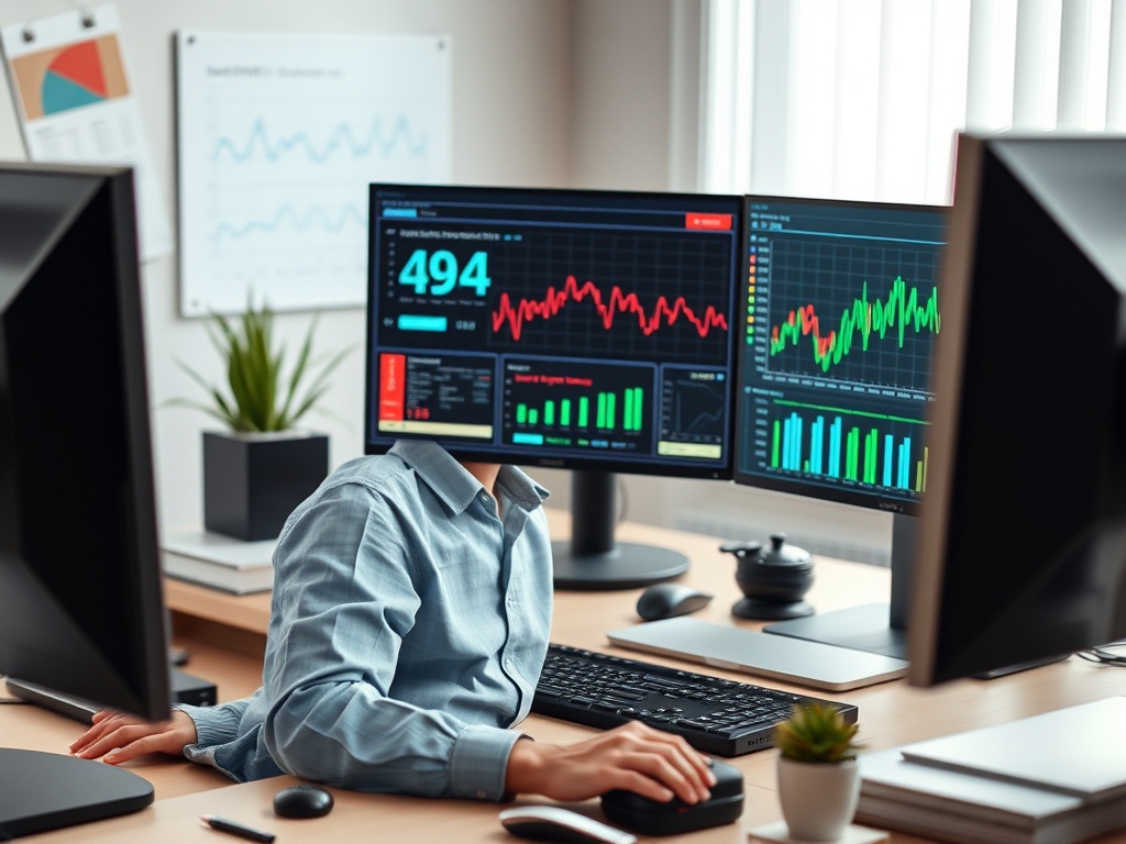 Человек в офисе за компьютером с графиками на экранах, без головы, в деловой одежде.