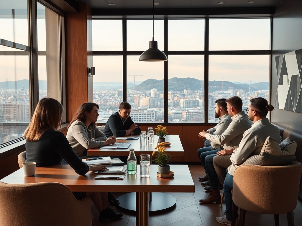 Вид на группу людей на деловой встрече в офисе с панорамным окном и городским пейзажем на заднем плане.