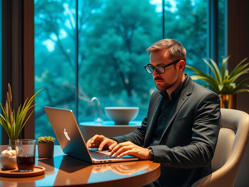 Мужчина в деловом костюме работает за ноутбуком в офисе с большими окнами и зелёным видом.