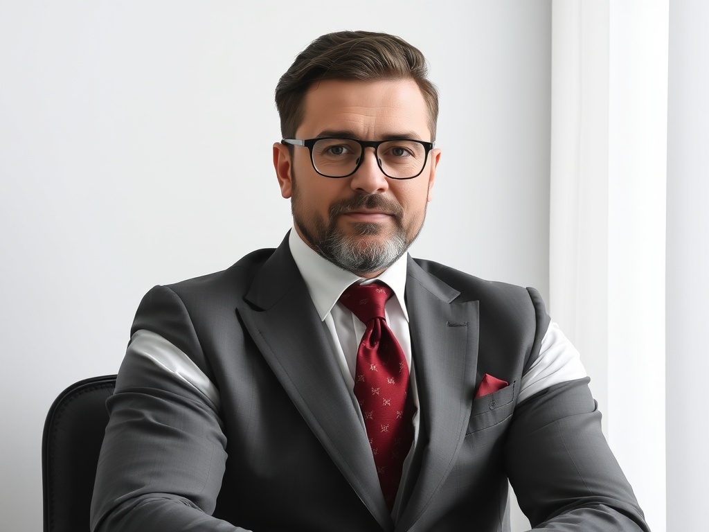 Деловой мужчина в сером костюме и очках, сидит в офисе у окна с белыми шторами.