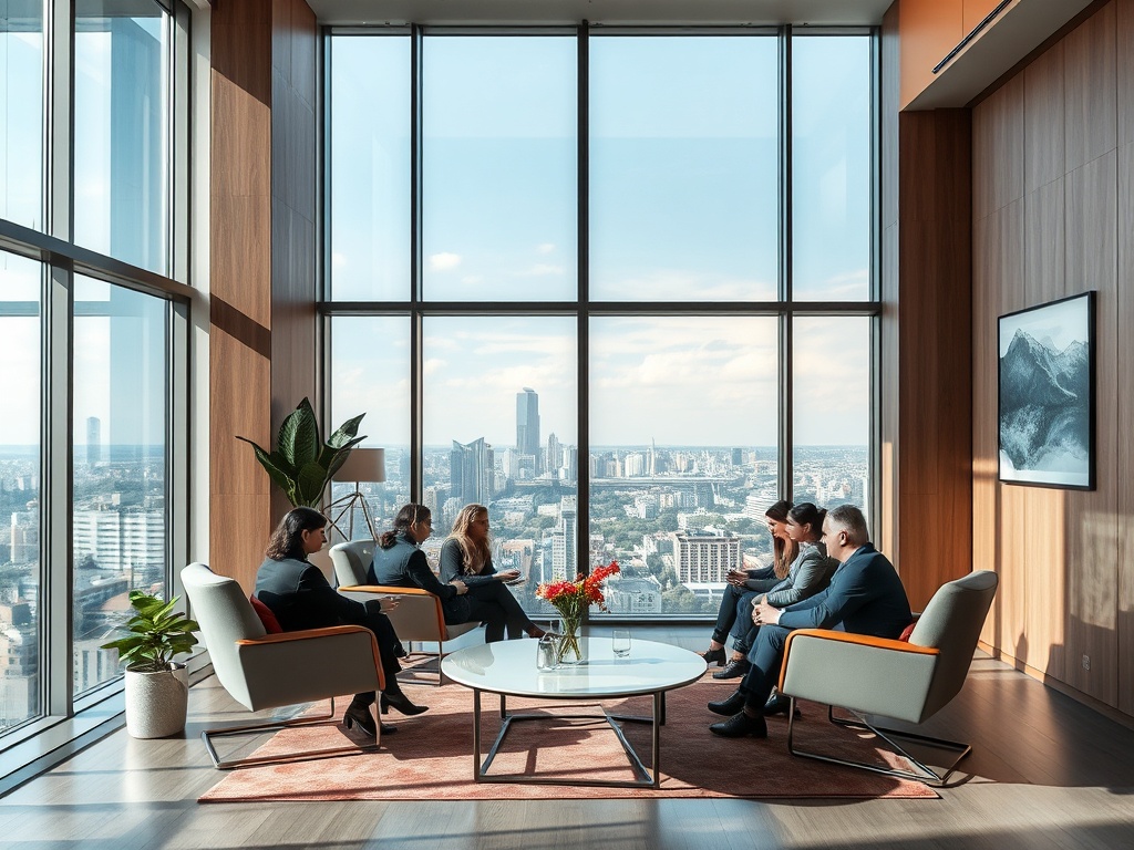 Современный офис с панорамными окнами, бизнес-встреча нескольких человек с видом на город.