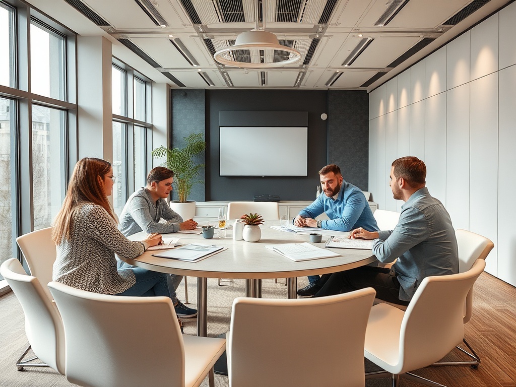 В сучасном офисе группа людей ведет деловую встречу за круглым столом.