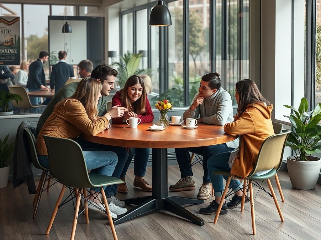 Группа молодых людей сидит за круглым столом, наслаждаясь кофе и общением в уютном кафе.