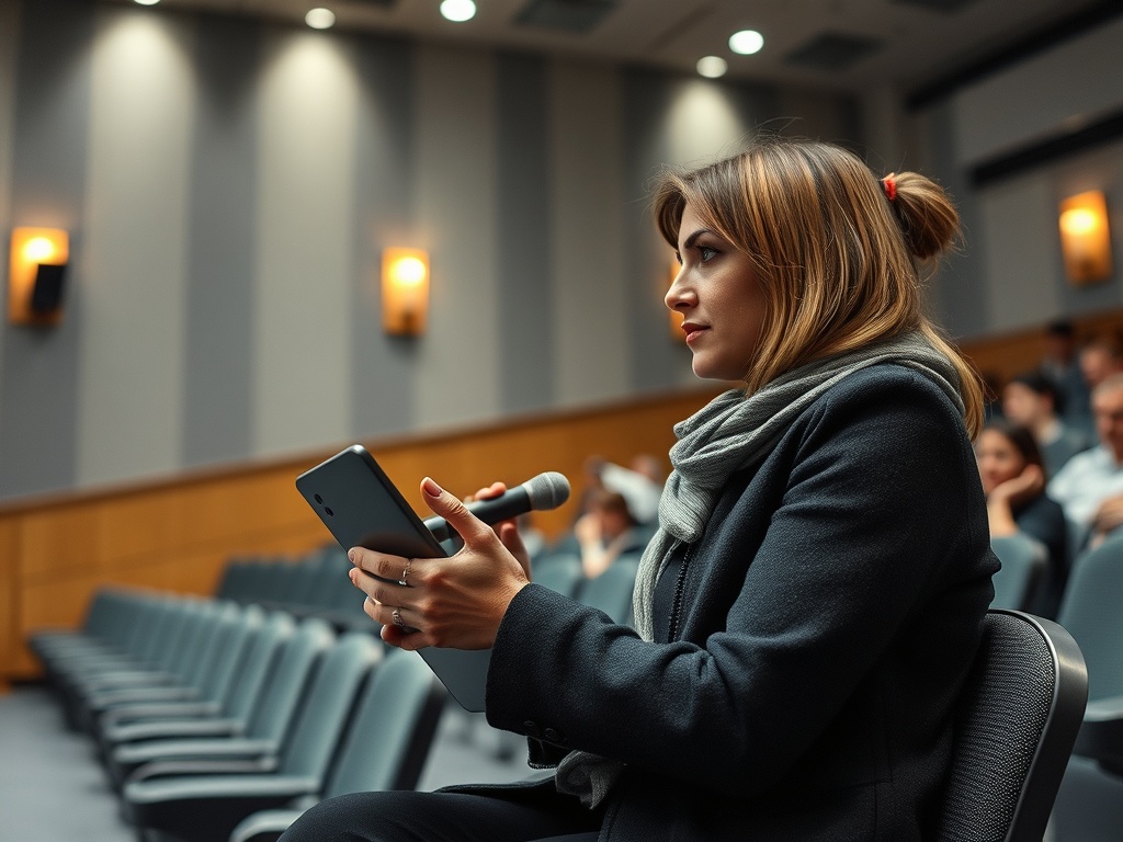 Женщина в деловом костюме сидит с планшетом и микрофоном на фоне аудитории.